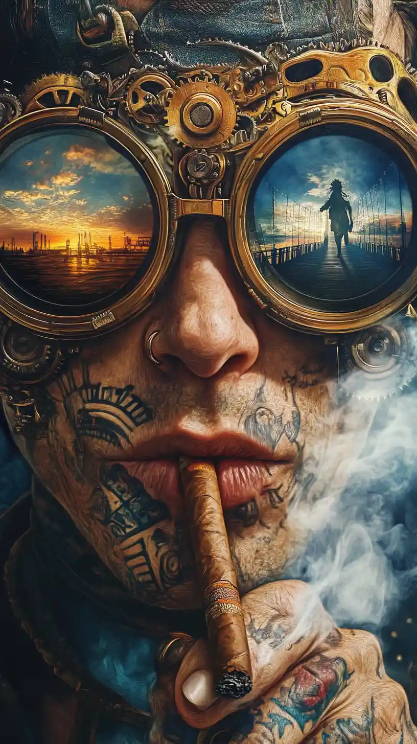 Steampunk-Frau mit Goggles, die in wirbelndem blauen Rauch raucht