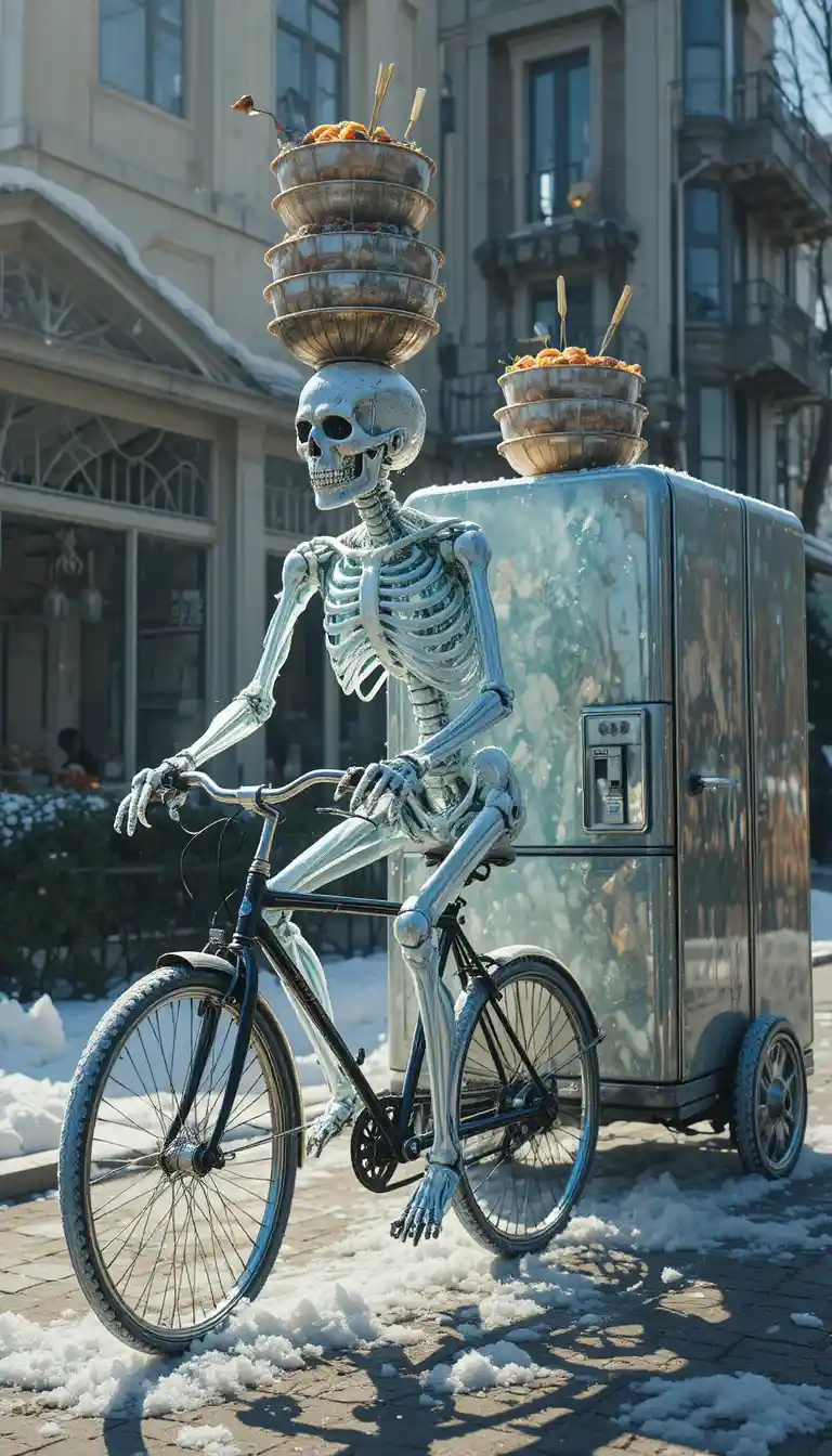 Esqueleto gelado brilhante pedalando com tigelas de lámen e geladeira