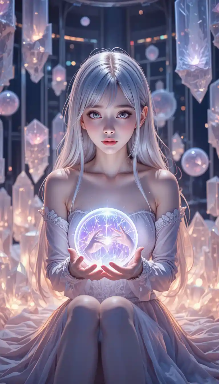 Silver haired anime woman holding a glowing memory orb