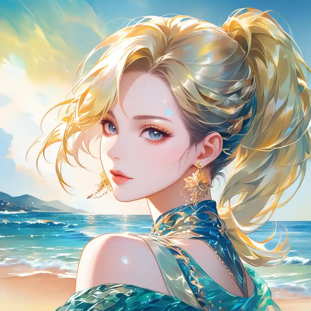 Aquarellporträt einer blonden Frau am Meer