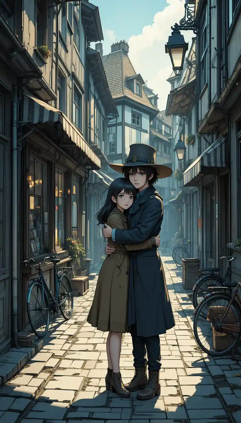 Sad anime schoolgirl in a dim urban alley embrace