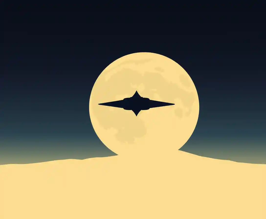 Minimalist spaceship silhouette against a giant moon