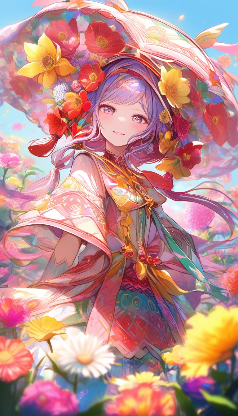 晴れた空の下、花柄の服を着た遊び心あふれる女の子