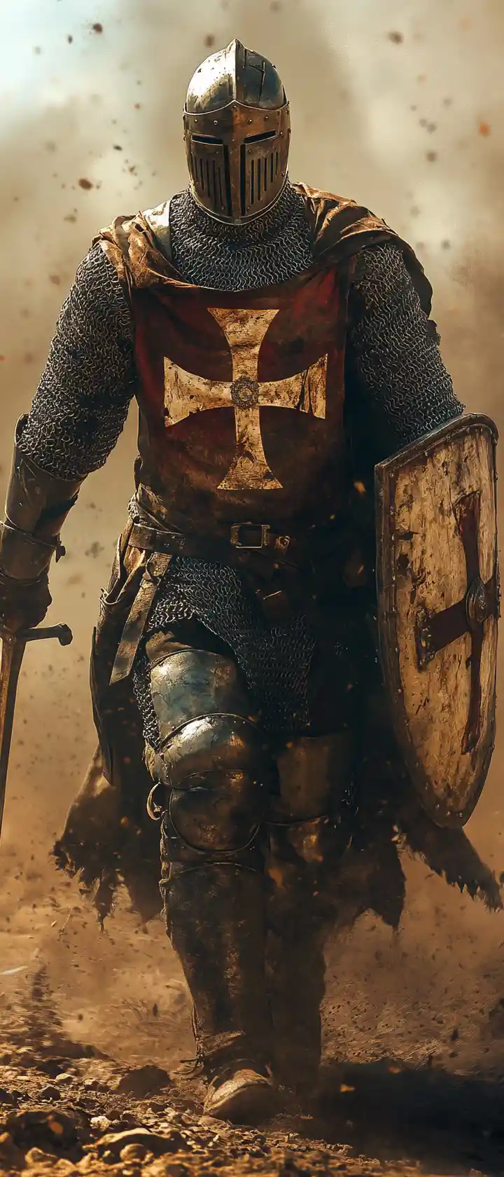 Caballero medieval avanzando entre el polvo con espada y escudo