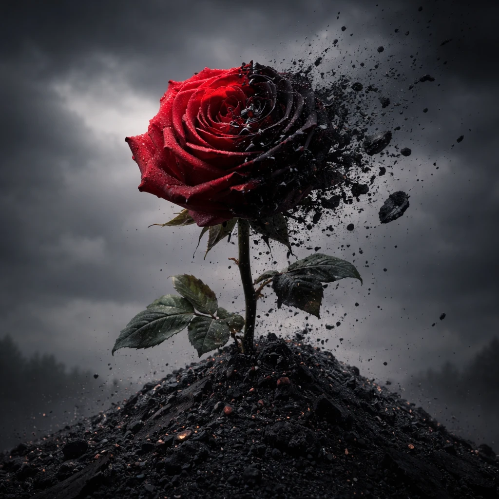 Rose rouge à moitié épanouie se décomposant sur une sombre colline de cendres