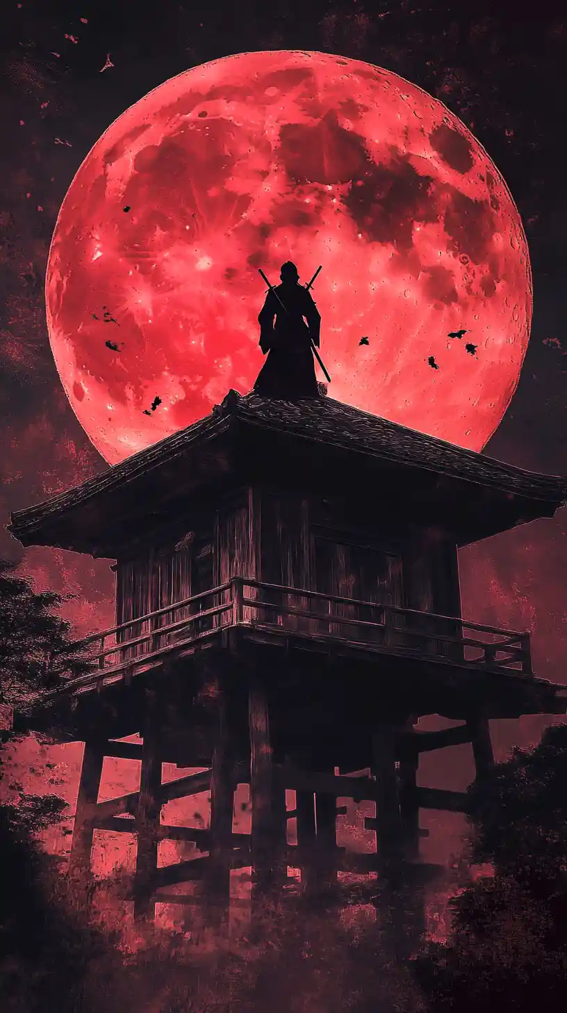 赤い月の下で村を守る女侍
