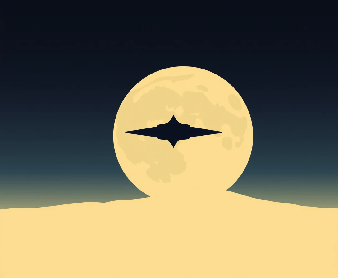 Minimalistische Raumschiffsilhouette vor einem riesigen Mond
