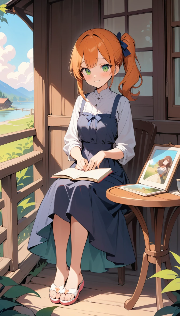 Girl With Orange Hair Smiling Over Photos On A Porch
