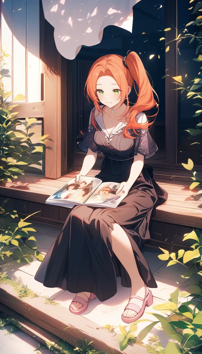 Anime girl on a porch table with an old photo album