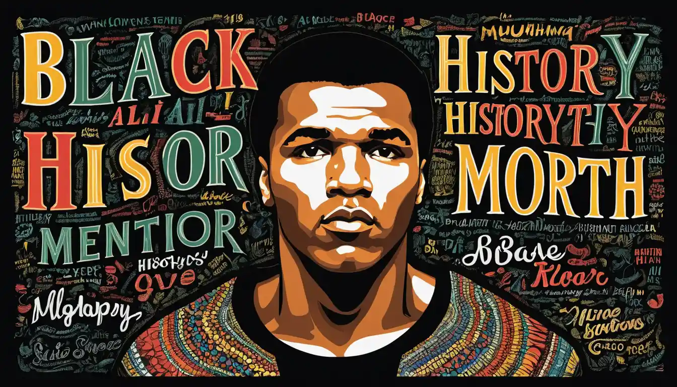 Black History Month text with hand drawn boxing legend portrait