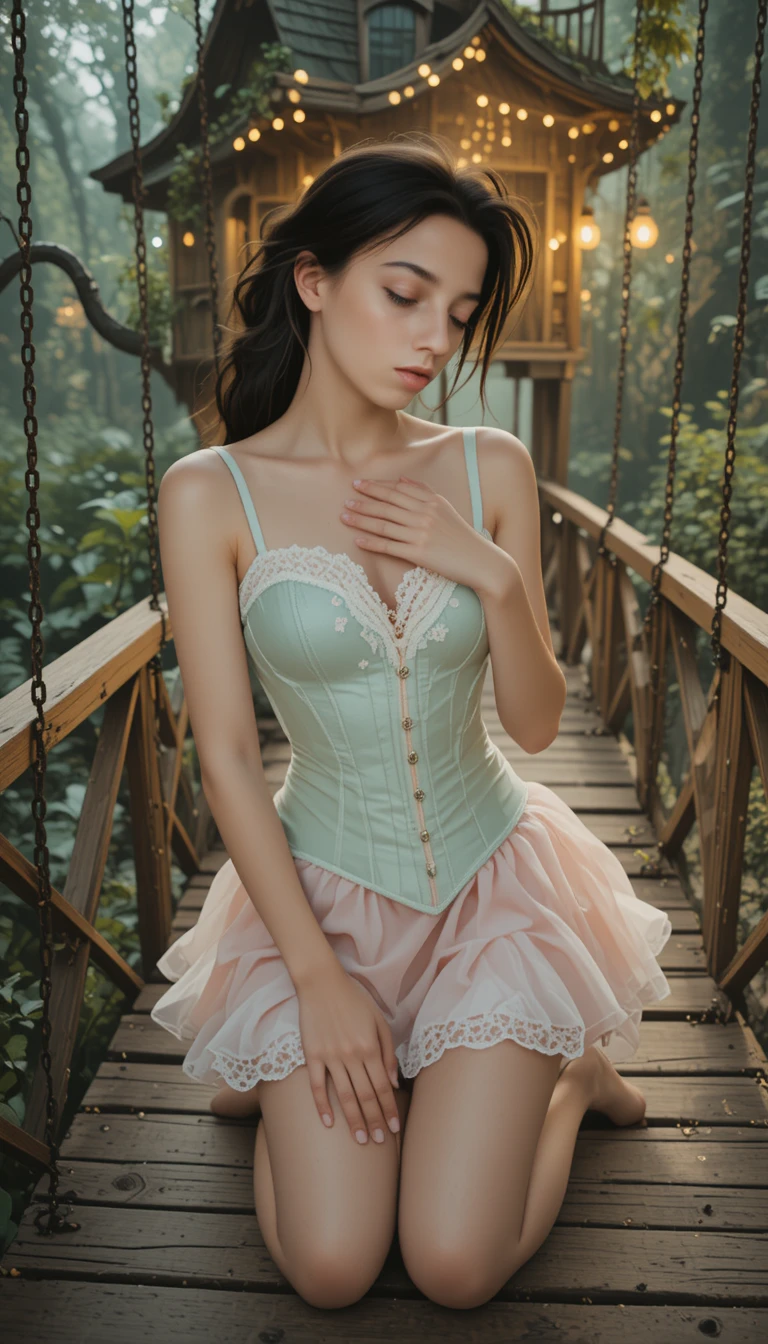 Young woman kneeling on a rustic bridge in nature