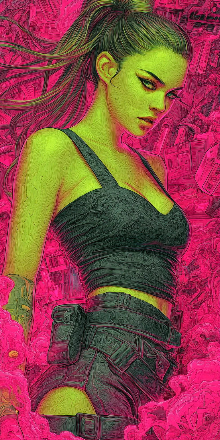 Femme fatale de cabelo iridescente em reino neon surreal