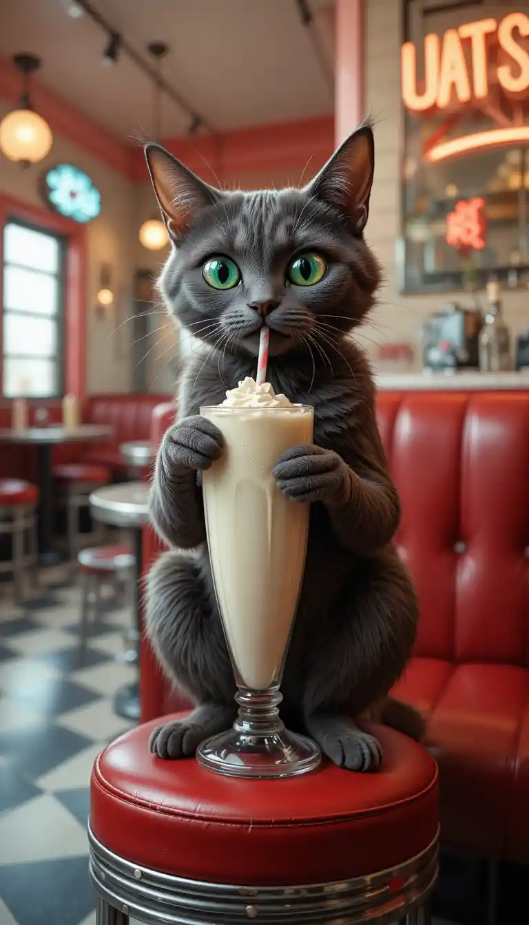 Gato cor de carvão de olhos esbugalhados tomando um milkshake de baunilha