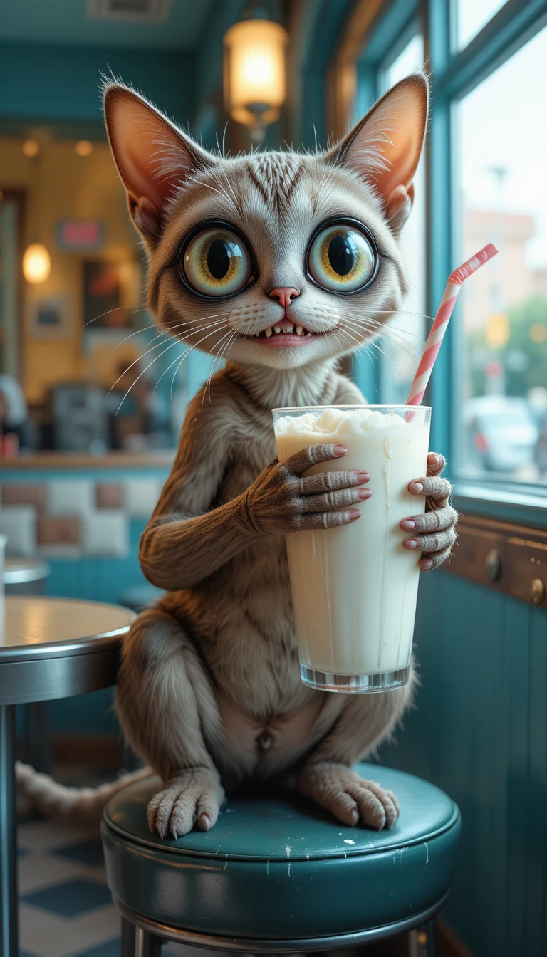 Cartoon-Katze mit Vanille-Milchshake im Retro-Diner