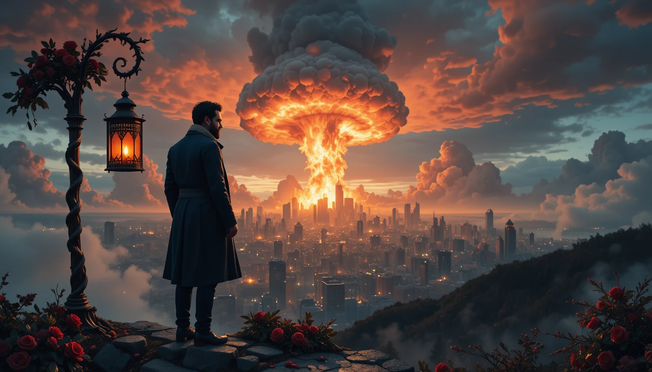 Retrato surreal em dupla exposição de um homem e de uma paisagem urbana