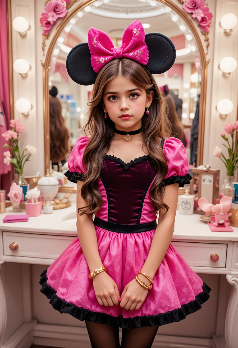 Anxious tween boy in Minnie Mouse outfit at vanity
