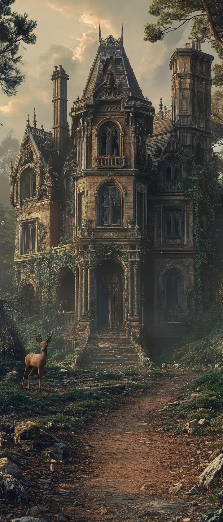 Mansión victoriana en ruinas en el bosque al atardecer con un ciervo solitario
