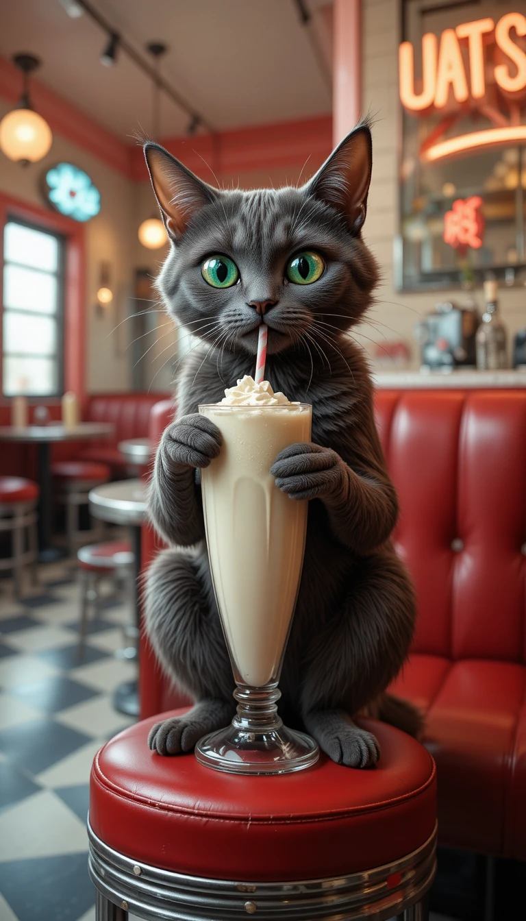Glubschäugige kohlegraue Katze trinkt einen Vanille-Milchshake