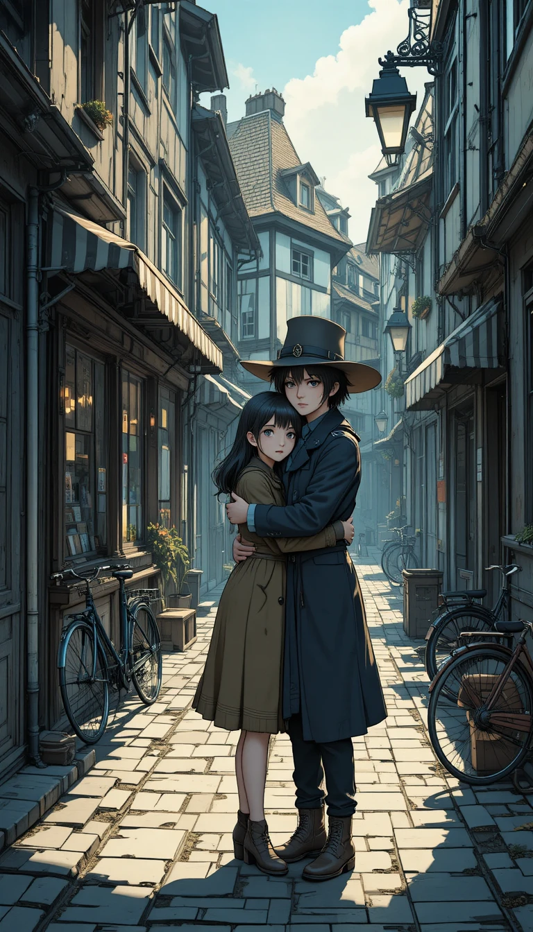 Sad anime schoolgirl in a dim urban alley embrace
