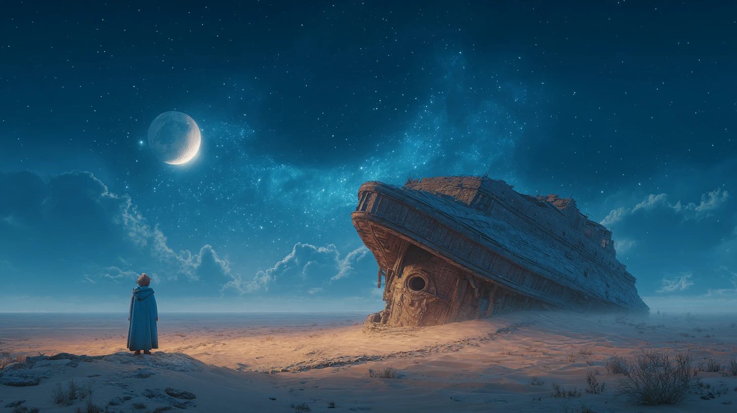 Gnome observant un vaisseau spatial abandonné dans la nuit d’un désert alien