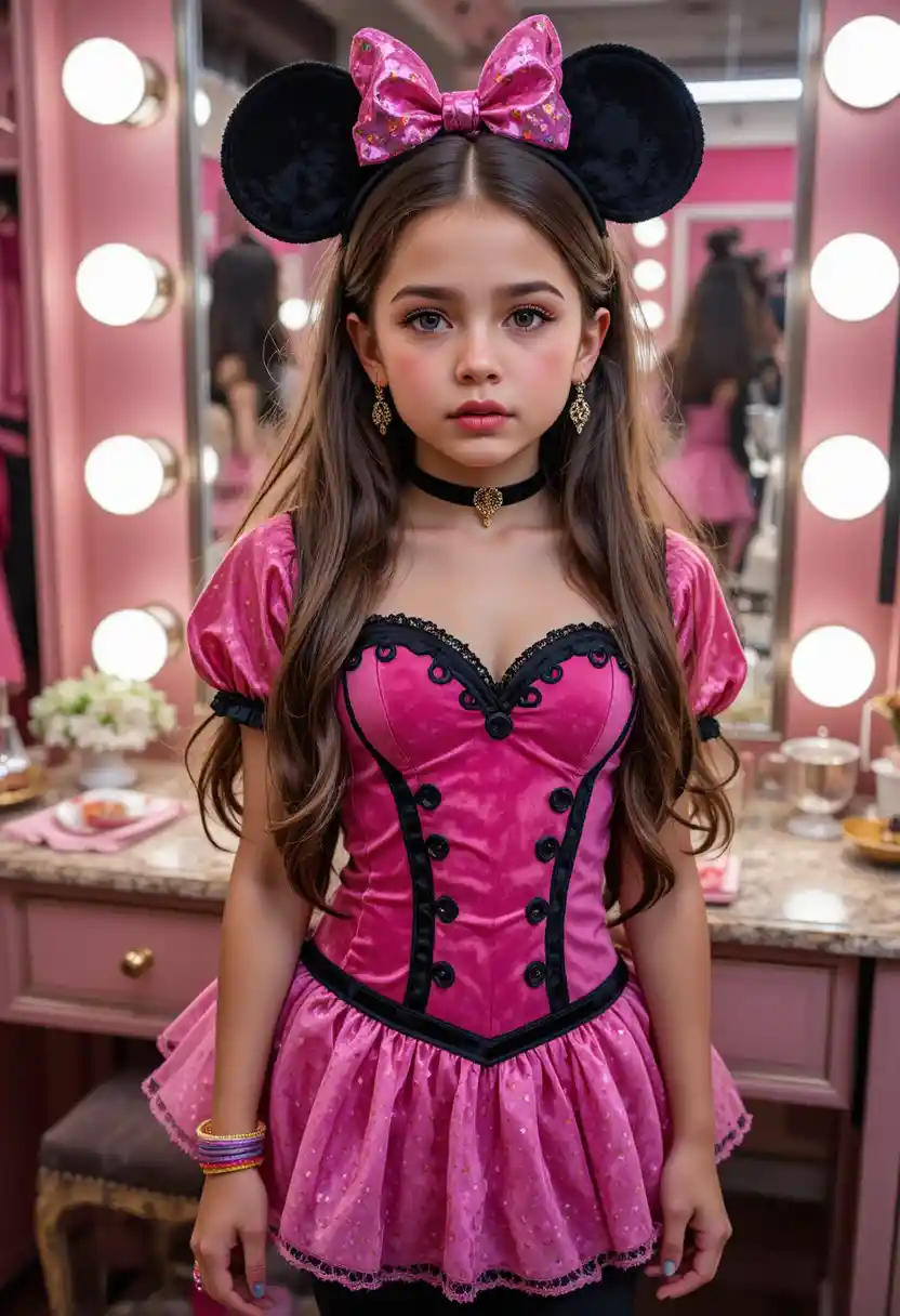 Garoto pré-adolescente nervoso com fantasia da Minnie Mouse em penteadeira de boutique