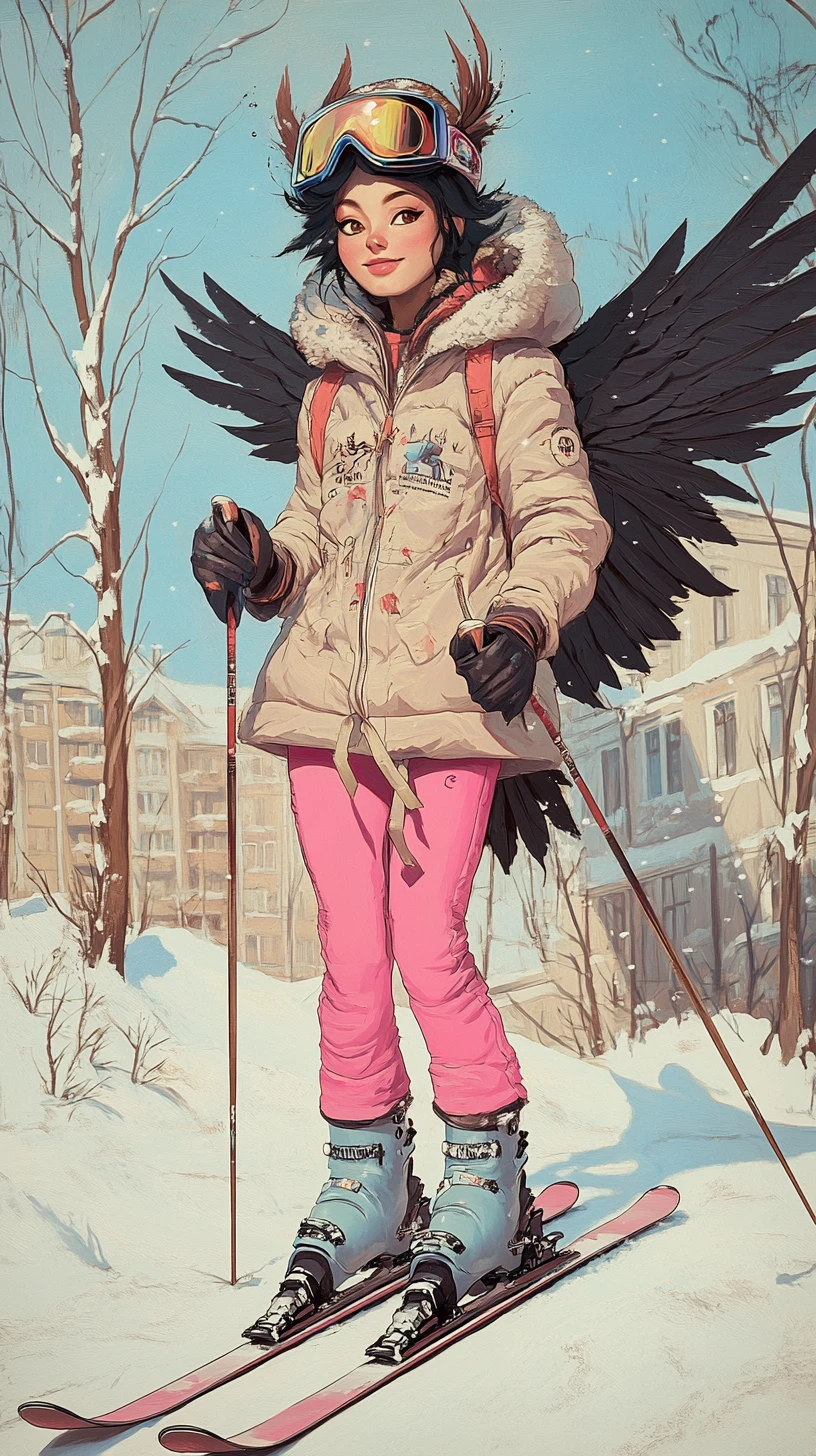 Garota harpia em estilo pop art em uma rua nevada da cidade