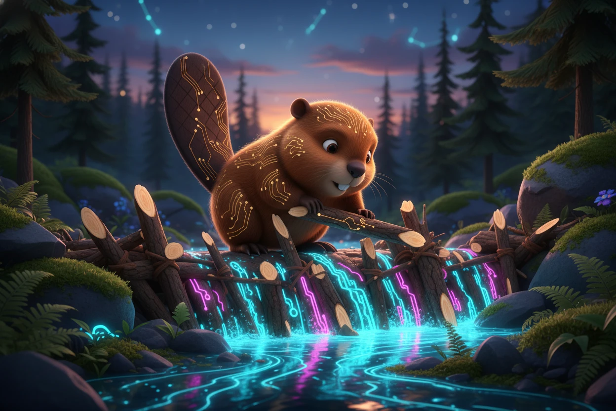 Bébé castor construisant un barrage près d’un ruisseau numérique lumineux