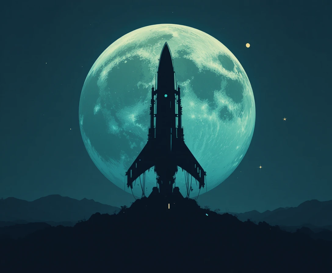 Silhueta minimalista de nave espacial contra um enorme luar
