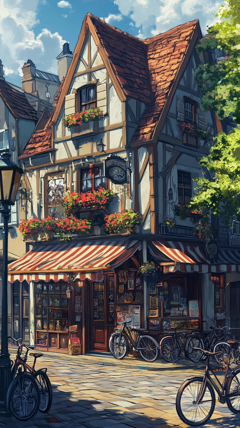 Beautiful girl on a charming European street corner drawing