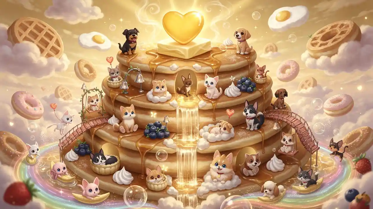 Torre de panquecas fantasiosa flutuando em um céu dourado de fantasia