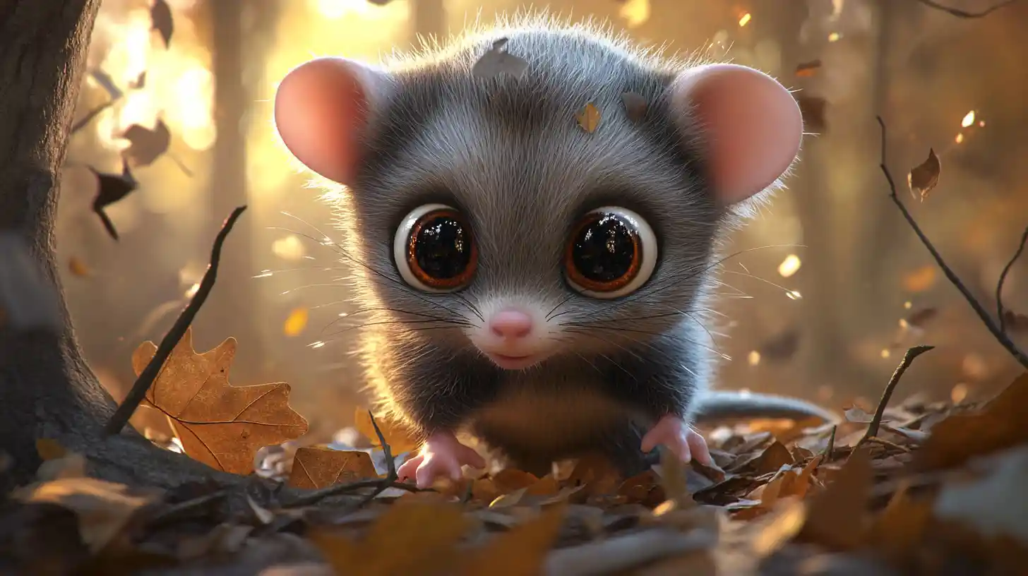 Dolce cucciolo di opossum esplora un bosco pastello al crepuscolo