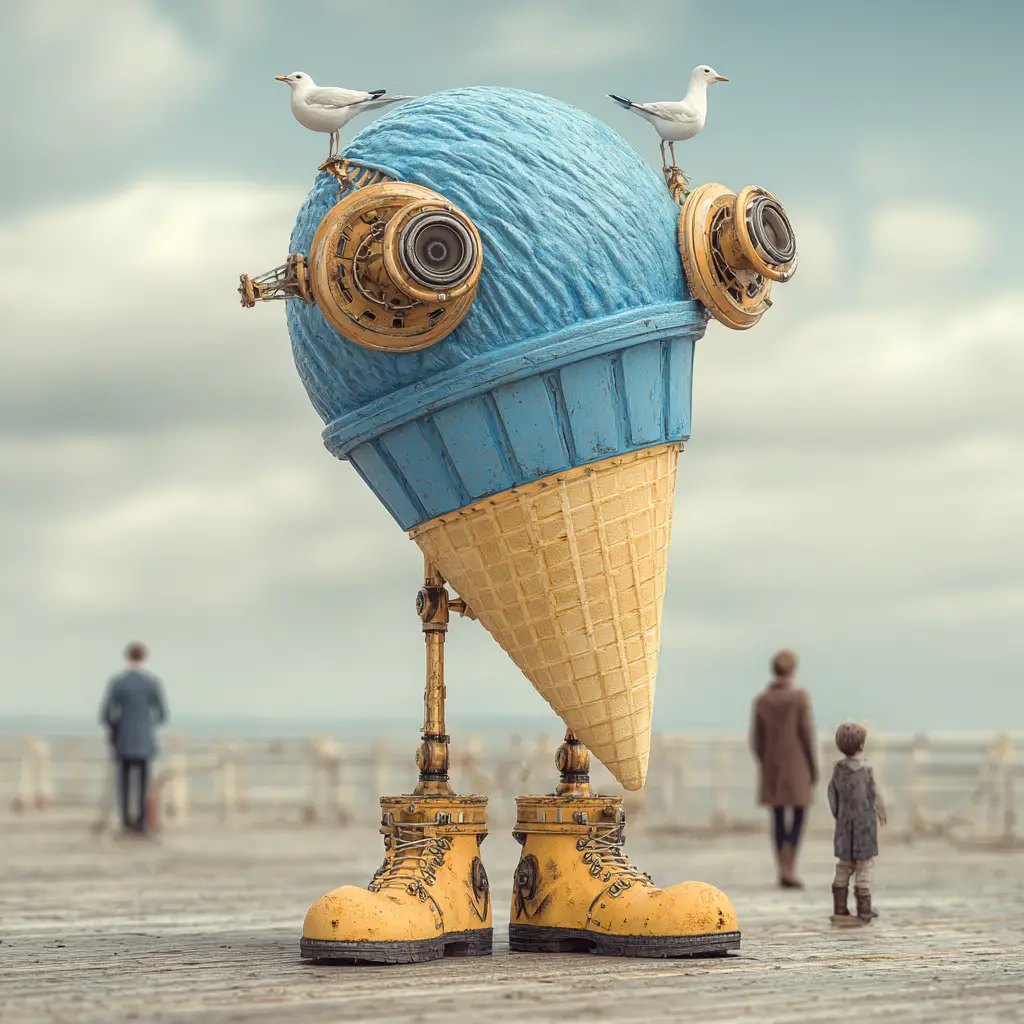 Criatura Surreal de Sorvete em um Píer à Beira-Mar