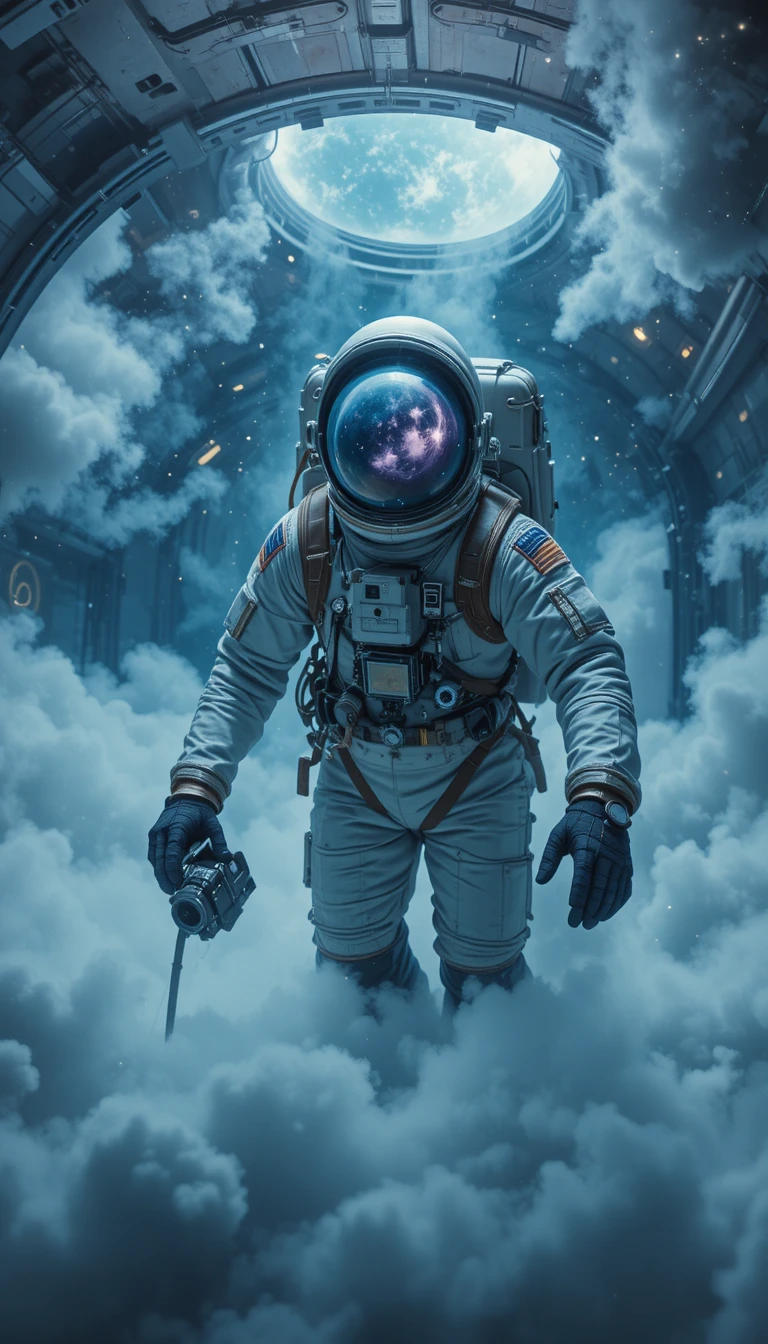 Astronauta che Fluttua in Tuta Spaziale Vintage in una Nebulosa Surreale