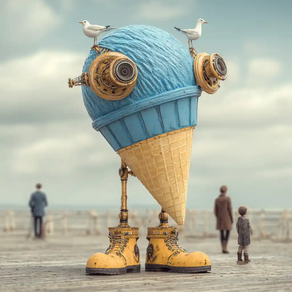 Surreales Eiscreme-Wesen auf einer Seebrücke