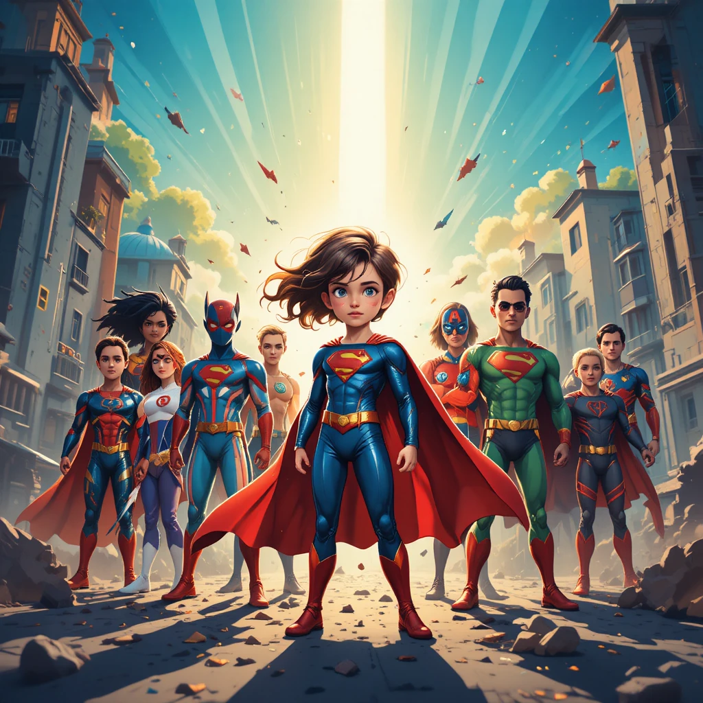 Colorful superhero notebook cover with child in foreground