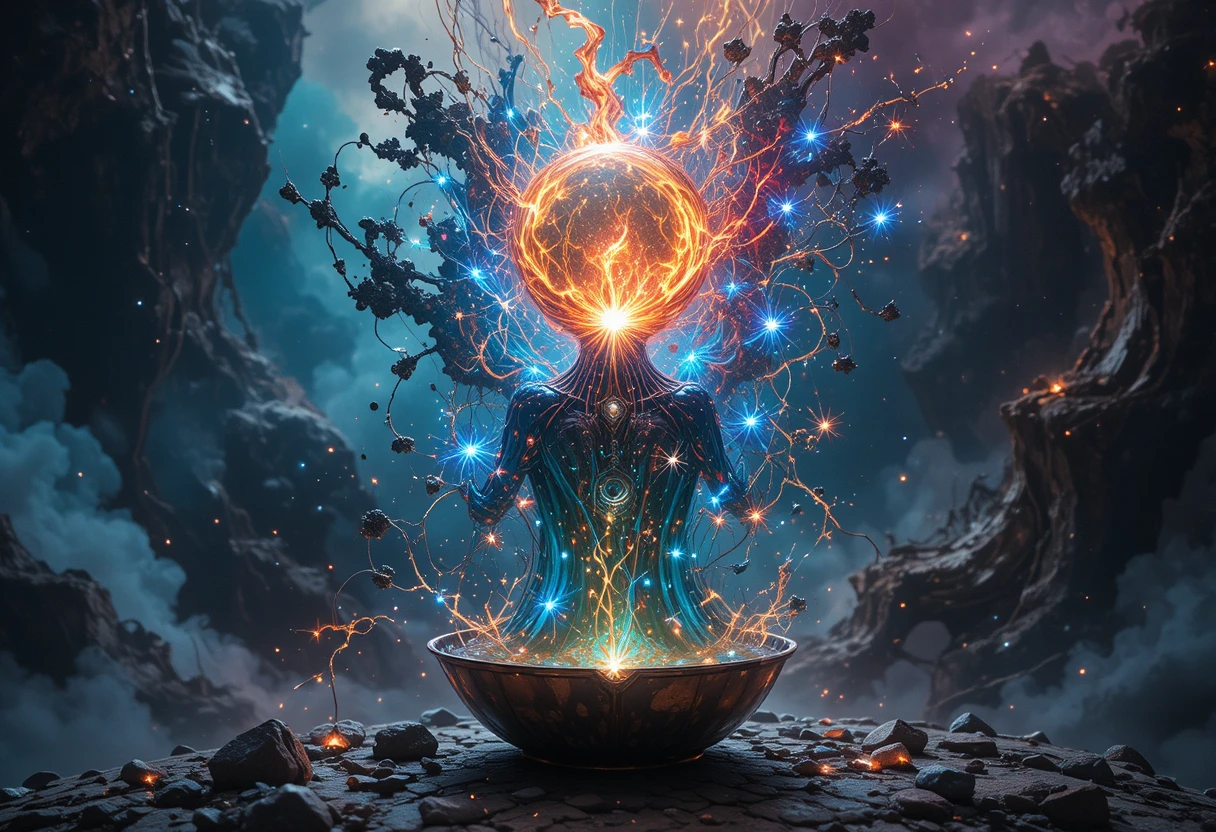 Leuchtendes alchemistisches Labor mit wirbelndem Licht und Funken