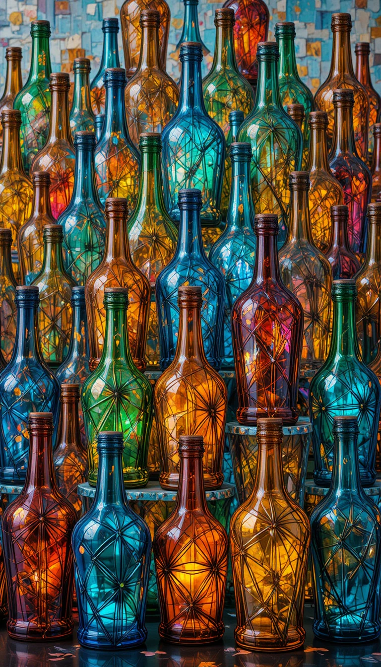 Bunte Glasflaschen in einer geometrischen Raster-Illustration