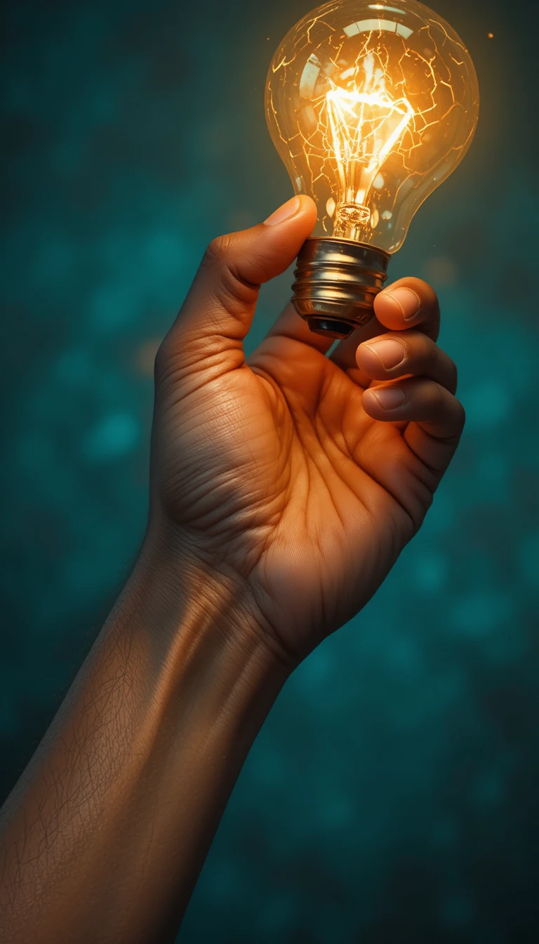 Mano che stringe una lampadina luminosa su sfondo verde acqua