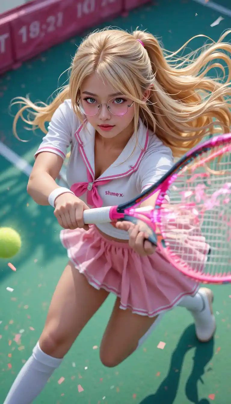 Anime tennis girl in motion with glowing racket