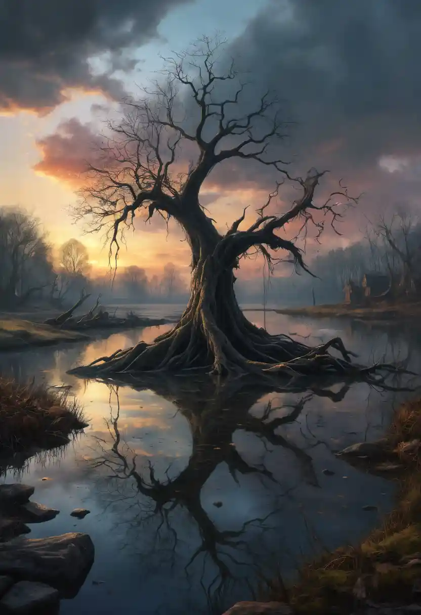 Albero morto e contorto accanto a uno stagno roccioso al tramonto oscuro