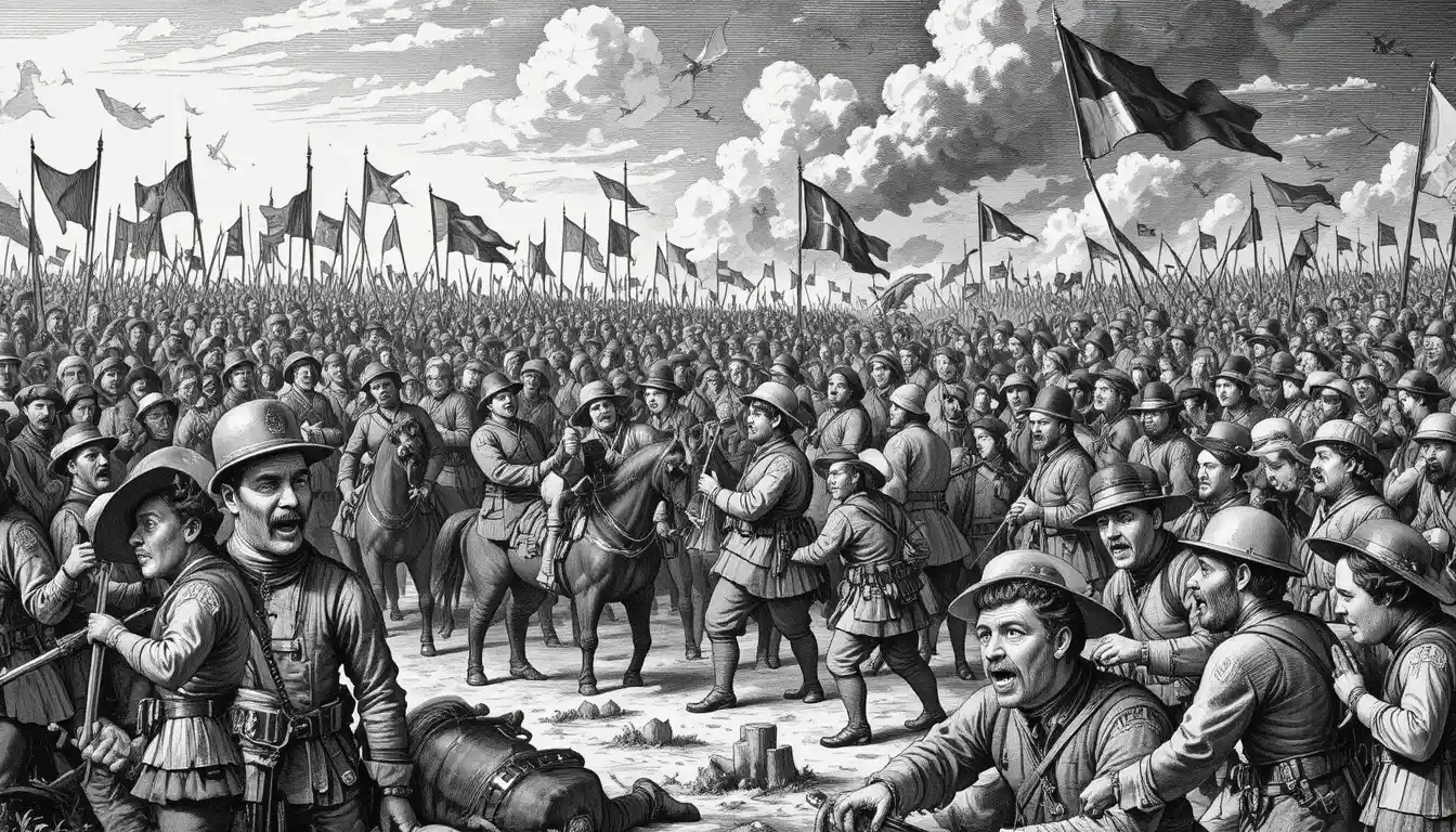 Cena de batalha caótica com soldados e cavalos em estilo gravura