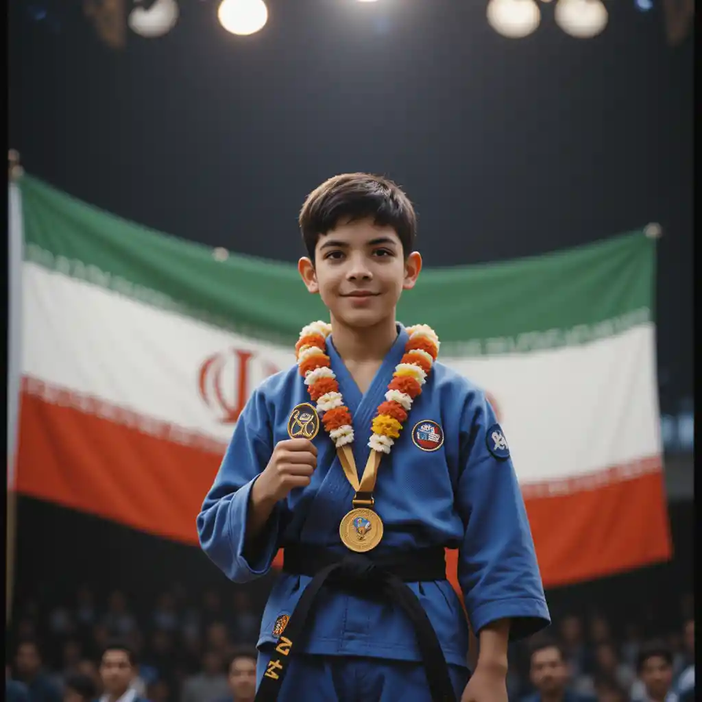 Jeune champion de judo tenant sa médaille sur le podium des vainqueurs