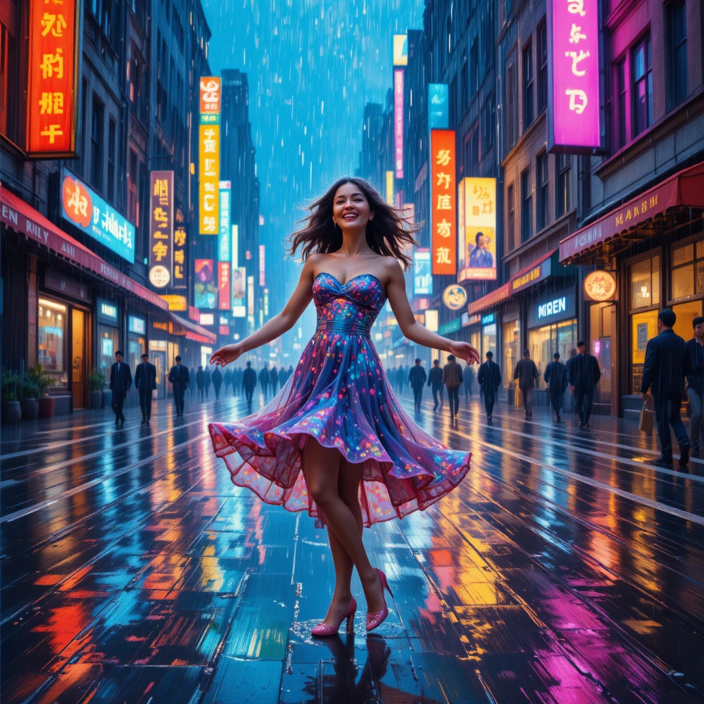 Mulher dançando na chuva iluminada por néon em uma rua da cidade