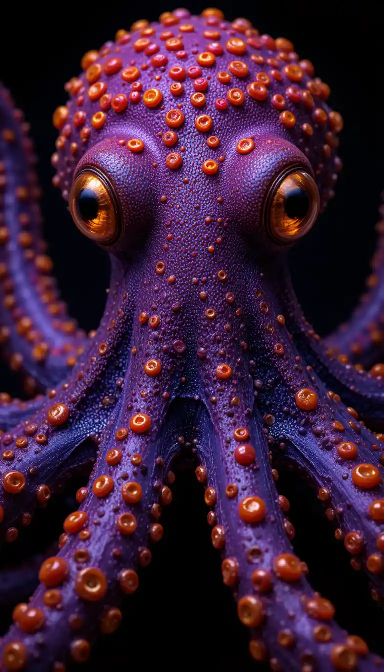 Close up purple octopus with glowing orange suckers
