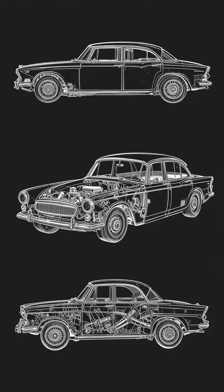 Technische Zeichnung eines Oldtimers mit Ansichten aus mehreren Winkeln