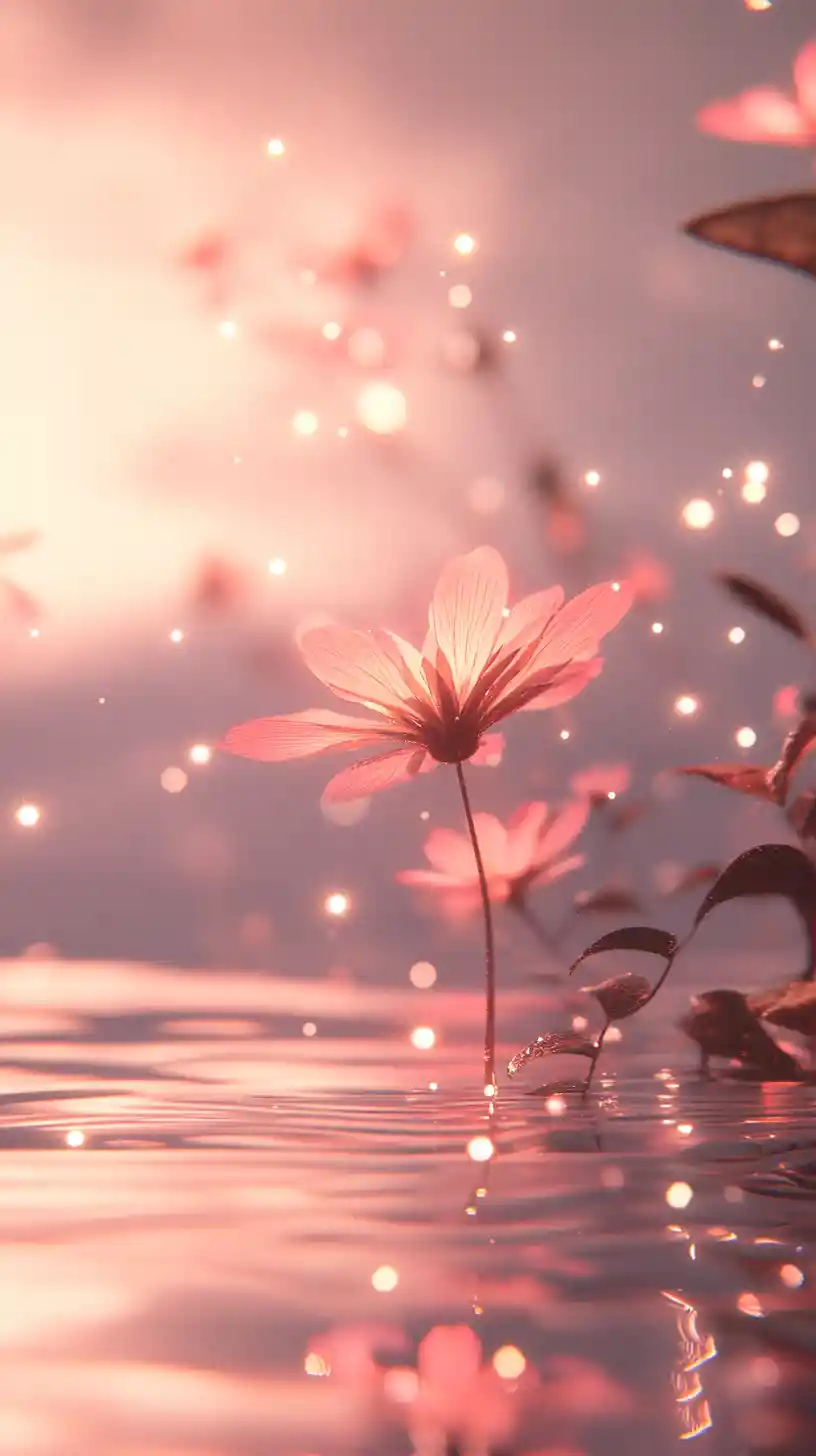 Flor brilhante e onírica sobre água rosa pastel tranquila