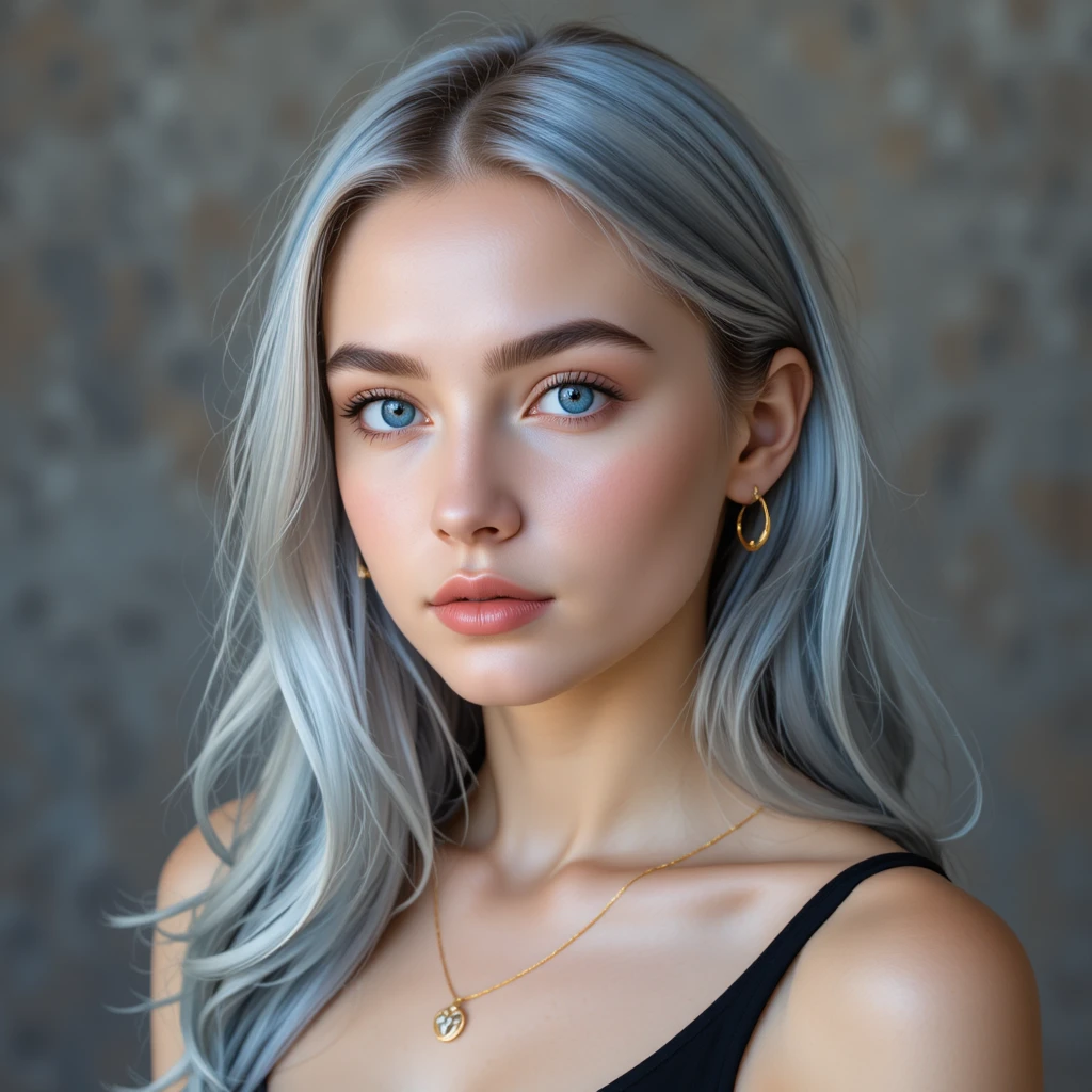 Ritratto elegante di una giovane donna con capelli blu argento