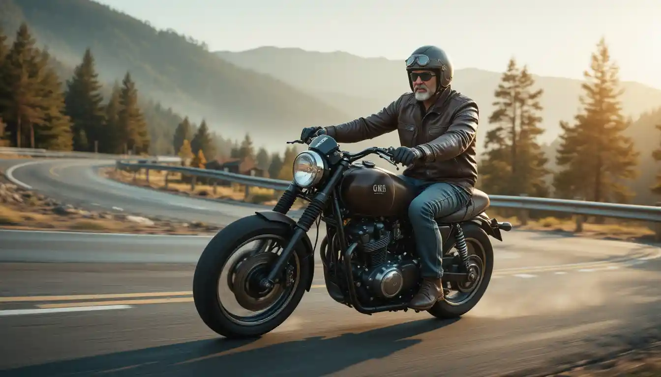 Rugged rider on vintage motorcycle on mountain highway
