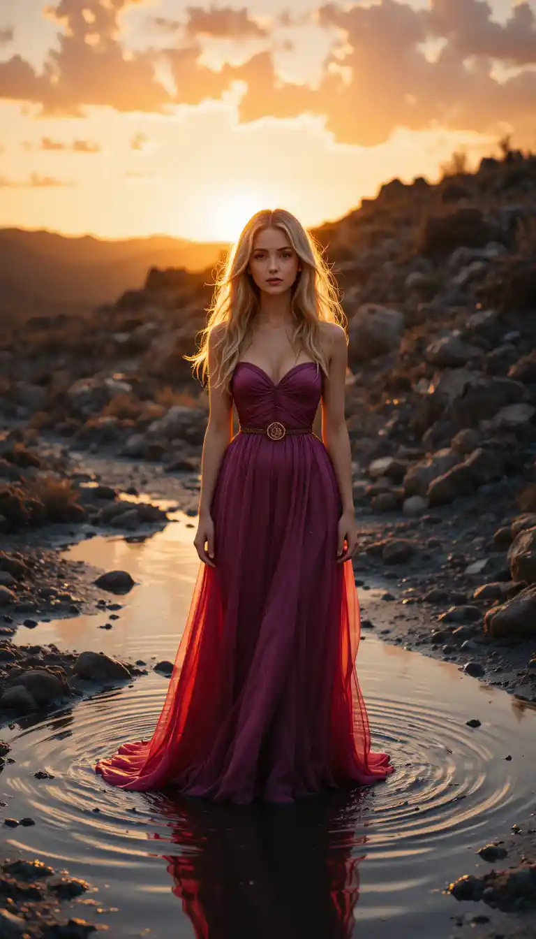 Young woman in flowing dress standing in sunset puddle