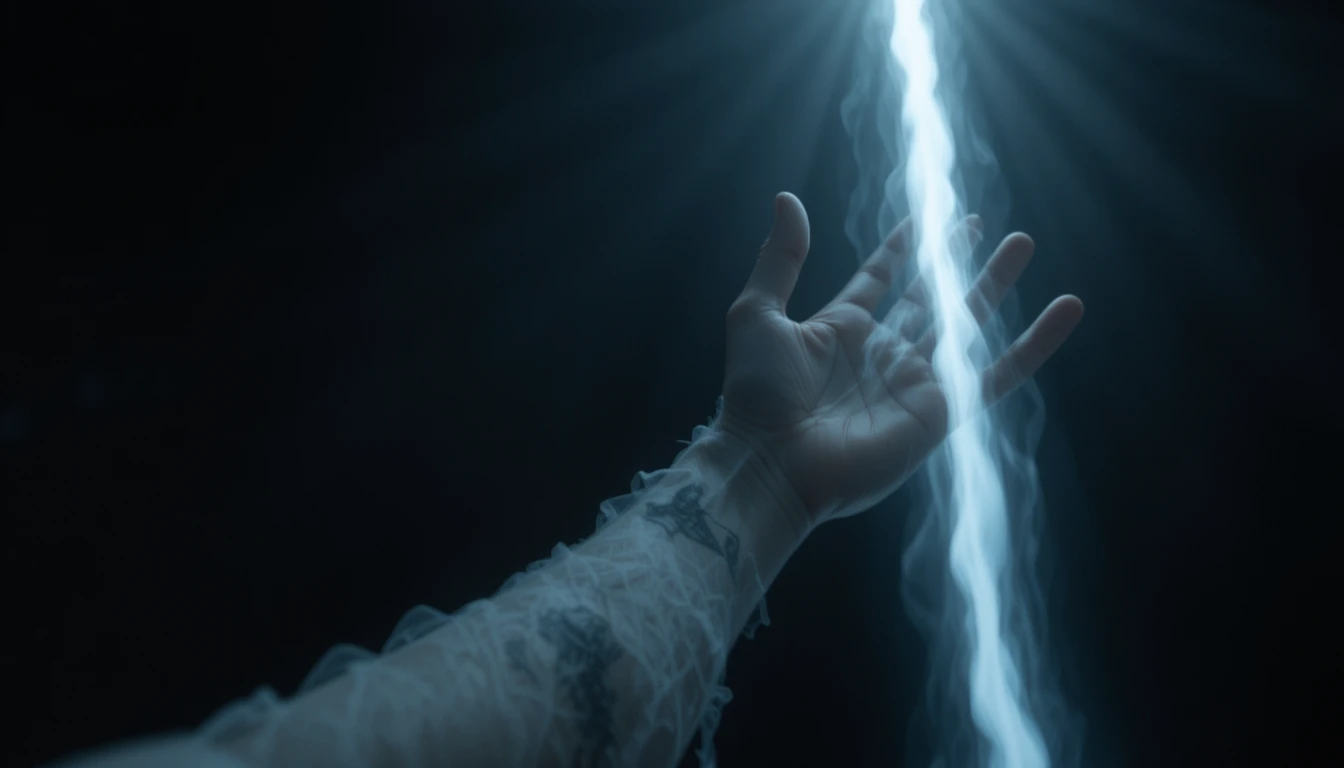 Fahle Hand, die sich im schmalen Lichtstrahl in die Dunkelheit streckt